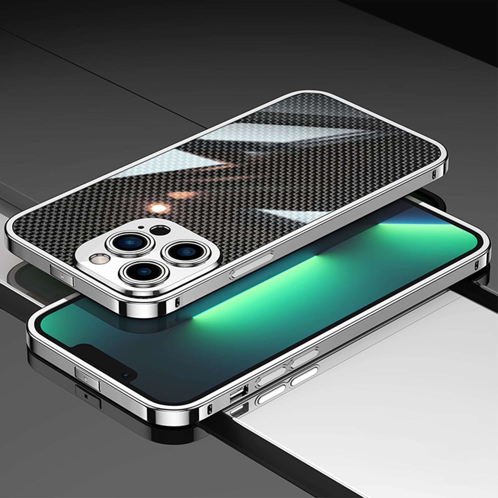 ELEHOLD Luxury Heavy Duty Case for iPhone 14 Pro 6.1 inch Slim Thin Case Stainless Steel Frame Carbon Fiber Back Design All-inclusive Lens Protection Shockproof Case, Silver