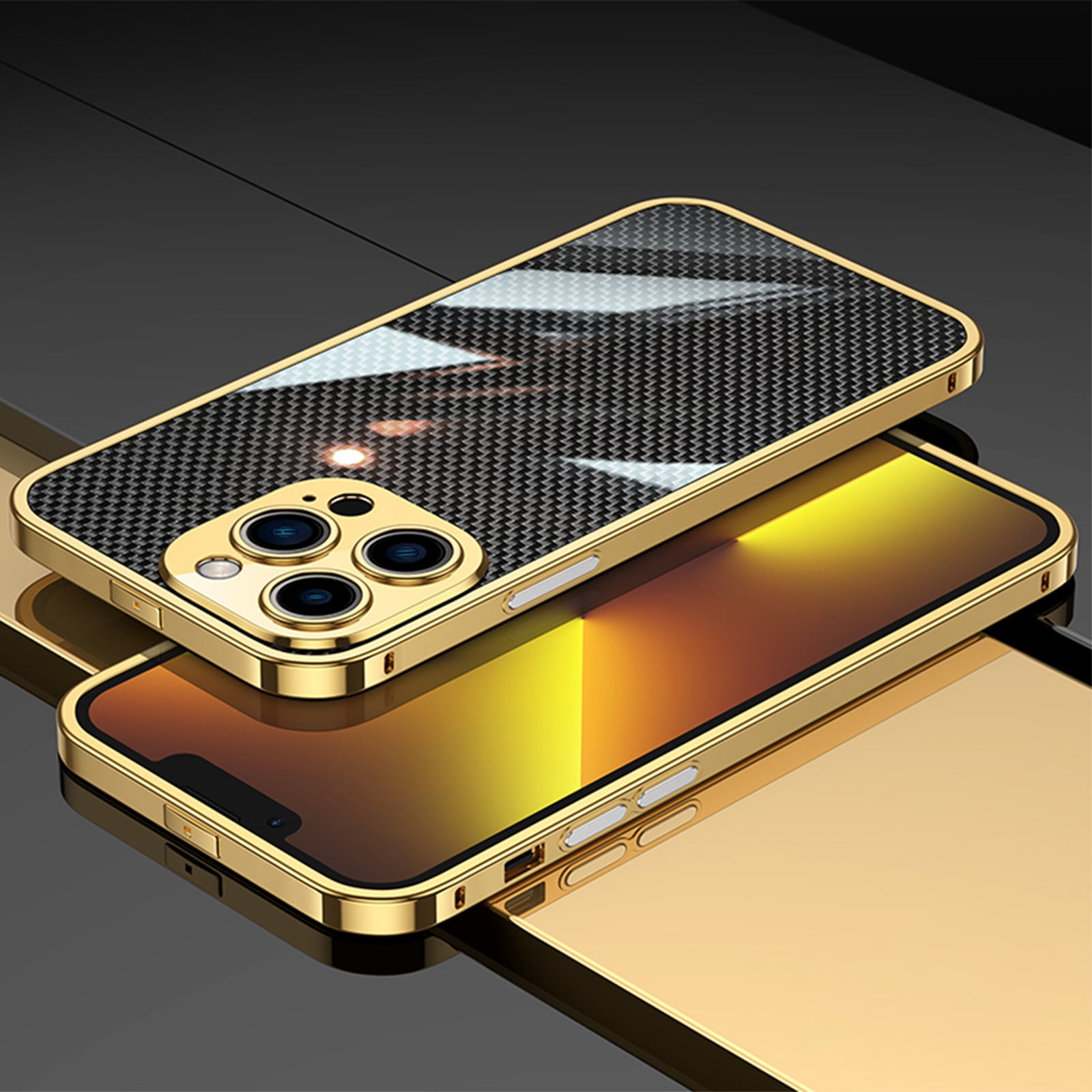 ELEHOLD Luxury Heavy Duty Case for iPhone 14 Pro Max 6.7 Slim Thin Case Stainless Steel Frame Carbon Fiber Back Design All-inclusive Lens Protection Shockproof Case, Gold
