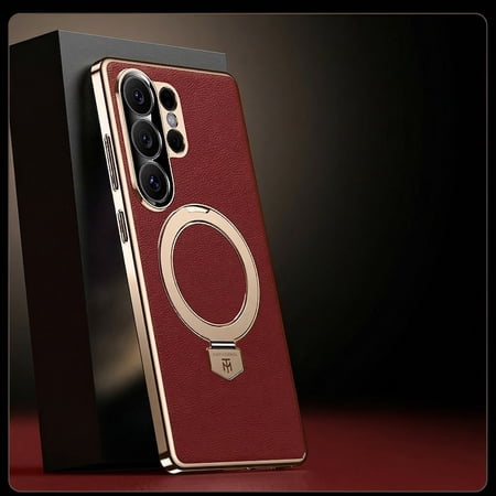 ELEHOLD Luxury Leather Case For Samsung Galaxy S26 Ultra,Shockproof Ruggd PC+TPU Electroplated Magnetic Ring Stand Drop Protection Cover, Red