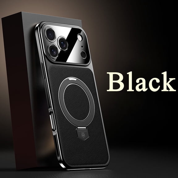 ELEHOLD Luxury Leather Case For iPhone 17 Pro Max,Shockproof Ruggd PC+TPU Electroplated Large Window Magnetic Ring Stand Magnetic Case,Black