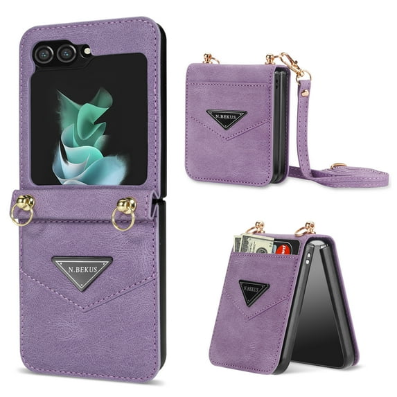 ELEHOLD Luxury Leather Case for Samsung Galaxy Z Flip 5,with Card Slot Adjustable Crossbody Shoulder Strap Shockproof Purse Phone Case for Galaxy Z Flip 5,Purple