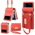 thumbnail image 1 of ELEHOLD Luxury Leather Case for Samsung Galaxy Z Flip3 2021, Premium PU Leather Wallet with Card Slots Hangbag Case Wriststrap 
 for Samsung Galaxy Z Flip 3, Orange, 1 of 12