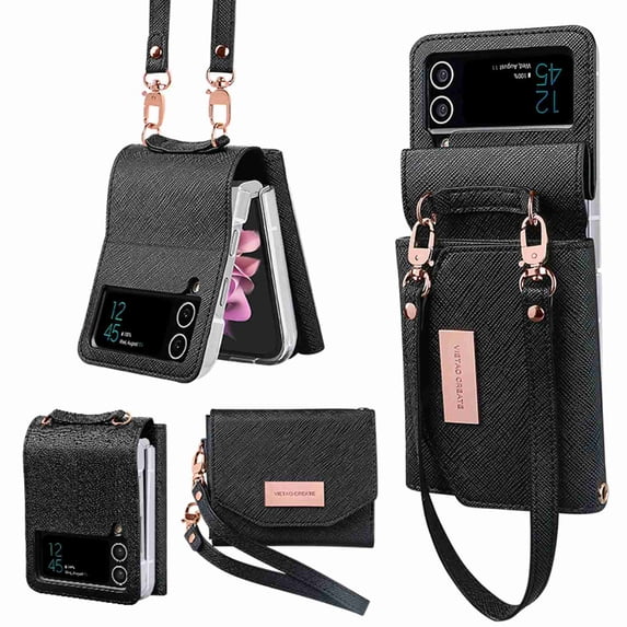 ELEHOLD Luxury Leather Case for Samsung Galaxy Z Flip4 2022, Premium PU Leather Wallet with Card Slots Hangbag Case Wriststrap
for Samsung Galaxy Z Flip 4,Black