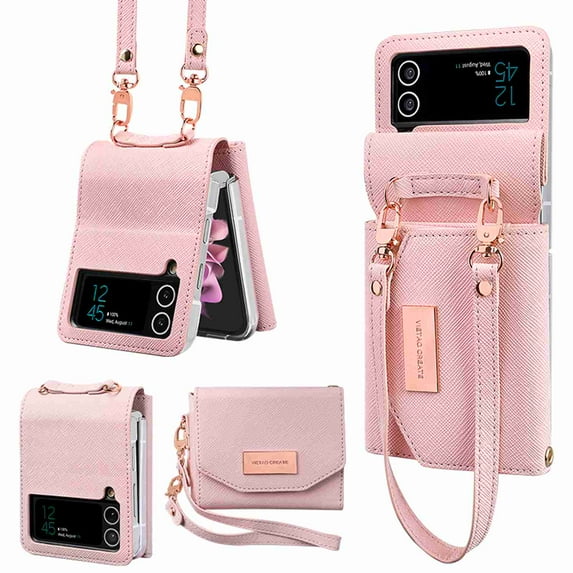 ELEHOLD Luxury Leather Case for Samsung Galaxy Z Flip4 2022, Premium PU Leather Wallet with Card Slots Hangbag Case Wriststrap
for Samsung Galaxy Z Flip 4,Pink