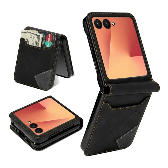 ELEHOLD Luxury Leather Case for Samsung Galaxy Z Flip 7,with Card Slot Slim Ligthweight Shockproof Purse Phone Case for Galaxy Z Flip 7,Black