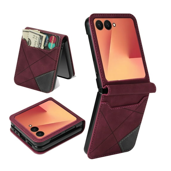 ELEHOLD Luxury Leather Case for Samsung Galaxy Z Flip 7,with Card Slot Slim Ligthweight Shockproof Purse Phone Case for Galaxy Z Flip 7,Winered