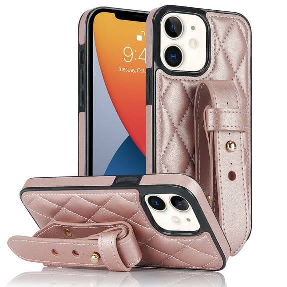 ELEHOLD Luxury Leather Case for iPhone 12 Premium Leather Case with Adjustable Non-Slip Wristband Full Body Case Shockproof protective Cover for Women Girls,rosegold