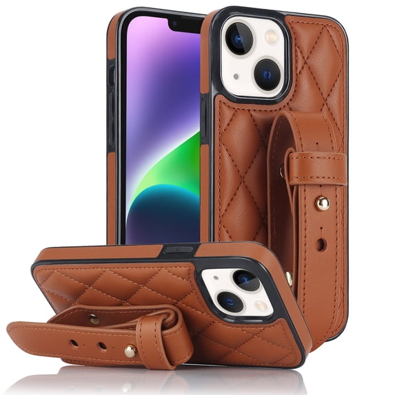 ELEHOLD Luxury Leather Case for iPhone 13 Mini Premium Leather Case with Adjustable Non-Slip Wristband Full Body Case Shockproof protective Cover for Women Girls,brown