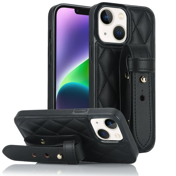 ELEHOLD Luxury Leather Case for iPhone 13 Premium Leather Case with Adjustable Non-Slip Wristband Full Body Case Shockproof protective Cover for Women Girls,black