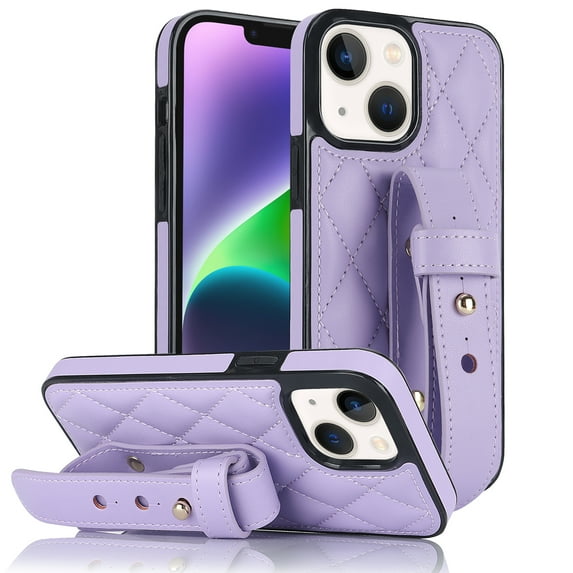 ELEHOLD Luxury Leather Case for iPhone 13 Premium Leather Case with Adjustable Non-Slip Wristband Full Body Case Shockproof protective Cover for Women Girls,purple