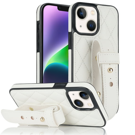 ELEHOLD Luxury Leather Case for iPhone 14 Premium Leather Case with Adjustable Non-Slip Wristband Full Body Case Shockproof protective Cover for Women Girls,white