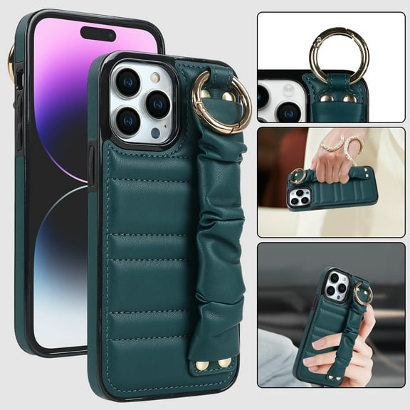 ELEHOLD Luxury Leather Case for iPhone 14 Pro Max 6.7" with Anti-Loss Wristband Metal Ring Buckle Full Body Protective Shockproof Anti-Scratch Phone Case,Darkgreen