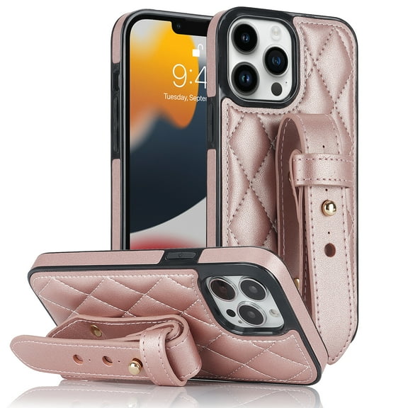ELEHOLD Luxury Leather Case for iPhone 14 Pro Max Premium Leather Case with Adjustable Non-Slip Wristband Full Body Case Shockproof protective Cover for Women Girls,rosegold