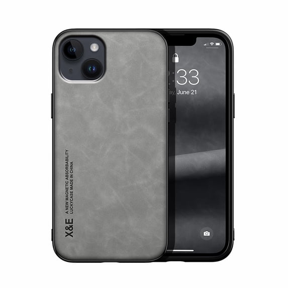 ELEHOLD Luxury Leather Case for iPhone 15 Plus, Ultra Slim Thin Premium Leather Shockproof Rugged Case Work with Magnetic Car Mount Skin-Touch Case for iPhone 15 Plus, Lightgray