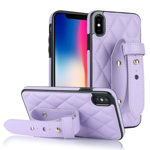 ELEHOLD Luxury Leather Case for iPhone XS/X Premium Leather Case with Adjustable Non-Slip Wristband Full Body Case Shockproof protective Cover for Women Girls,purple