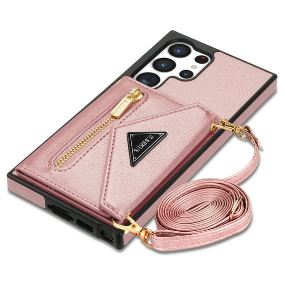 ELEHOLD Luxury Leather Wallet Case for Samsung Galaxy S22 Ultra,with Card Slots Zipper Pocket Kickstand Function Adjustable Crossbody Shoulder Strap Shockproof Purse Phone Case, Pink