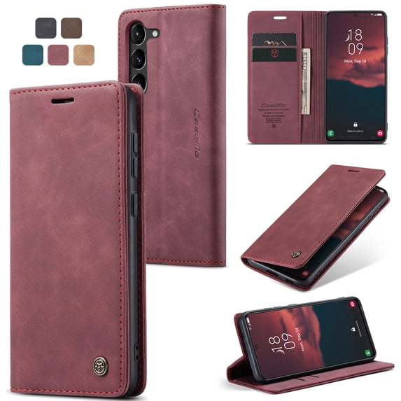 ELEHOLD Luxury Leather Wallet Case for Samsung Galaxy S23 with Card Slots Money Pocket Kickstand Magnetic Closure Shockproof Anti-Scratch Purse Case,Winered