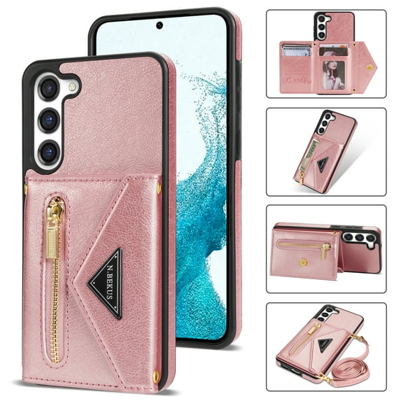 ELEHOLD Luxury Leather Wallet Case for Samsung Galaxy S23 Plus,with Card Slots Zipper Pocket Kickstand Function Adjustable Crossbody Shoulder Strap Shockproof Purse Phone Case,Pink