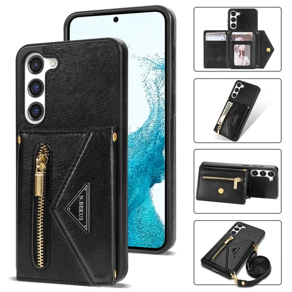 ELEHOLD Luxury Leather Wallet Case for Samsung Galaxy S23 Plus,with Card Slots Zipper Pocket Kickstand Function Adjustable Crossbody Shoulder Strap Shockproof Purse Phone Case,Black
