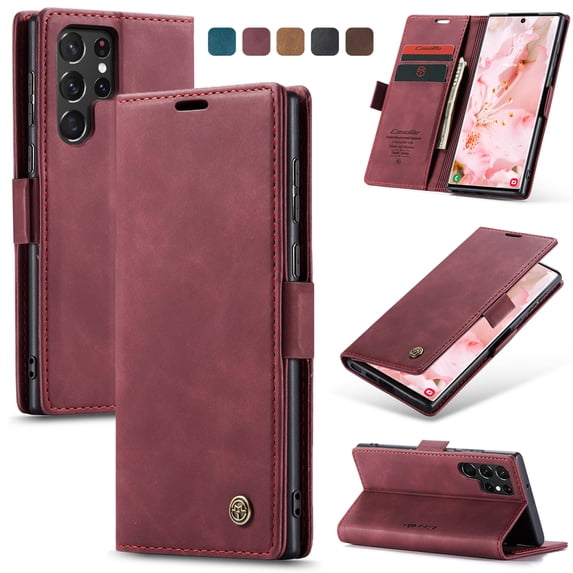 ELEHOLD Luxury Leather Wallet Case for Samsung Galaxy S23 Ultra with Card Slots Money Pocket Kickstand Magnetic Closure Shockproof Anti-Scratch Purse Case,Winered