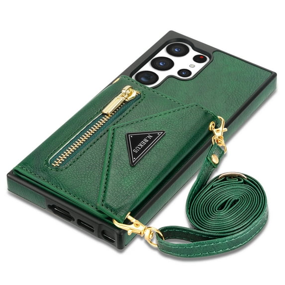 ELEHOLD Luxury Leather Wallet Case for Samsung Galaxy S23 Ultra,with Card Slots Zipper Pocket Kickstand Function Adjustable Crossbody Shoulder Strap Shockproof Purse Phone Case,Green