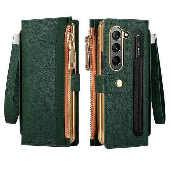 ELEHOLD Luxury Leather Wallet Case for Samsung Galaxy Z Fold 5 Zipper Pocket RFID Blocking Card Slots Pen Slot+Stylus Pen Wrist Strap Shockproof Purse Case for Samsung Z Fold 5 2023,Darkgreen