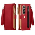 thumbnail image 1 of ELEHOLD Luxury Leather Wallet Case for Samsung Galaxy Z Fold 5 Zipper Pocket RFID Blocking Card Slots Pen Slot+Stylus Pen Wrist Strap Shockproof Purse Case for Samsung Z Fold 5 2023,Red, 1 of 12