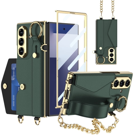 ELEHOLD Luxury Leather Wallet Case for Samsung Galaxy Z Fold 7 2025 With Screen Protector , Faux Leather Kickstand Card Cash Slot Non-Slip Grip Protective Case With Gold Chain Strap,Darkgreen