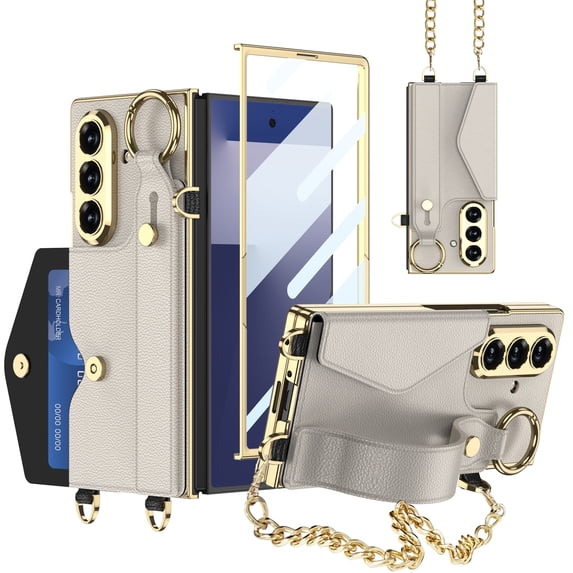 ELEHOLD Luxury Leather Wallet Case for Samsung Galaxy Z Fold 7 2025 With Screen Protector , Faux Leather Kickstand Card Cash Slot Non-Slip Grip Protective Case With Gold Chain Strap,Titaniumgray