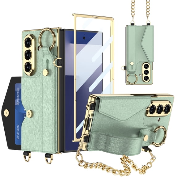 ELEHOLD Luxury Leather Wallet Case for Samsung Galaxy Z Fold 7 2025 With Screen Protector , Faux Leather Kickstand Card Cash Slot Non-Slip Grip Protective Case With Gold Chain Strap,Green