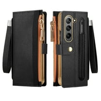 ELEHOLD Luxury Leather Wallet Case for Samsung Galaxy Z Fold 7 2025 Zipper Pocket RFID Blocking Card Slots Pen Slot Wrist Strap Magnetic Shockproof Purse Case For Samsung Galaxy Z Fold 7,Black