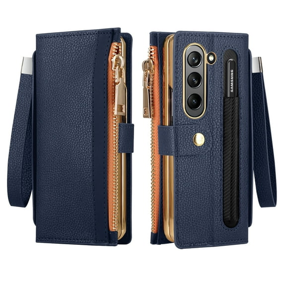ELEHOLD Luxury Leather Wallet Case for Samsung Galaxy Z Fold 7 Zipper Pocket RFID Blocking Card Slots Pen Slot+Stylus Pen Wrist Strap Shockproof Purse Case for Samsung Z Fold 7 2025,Darkblue