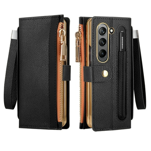 ELEHOLD Luxury Leather Wallet Case for Samsung Galaxy Z Fold 7 Zipper Pocket RFID Blocking Card Slots Pen Slot+Stylus Pen Wrist Strap Shockproof Purse Case for Samsung Z Fold 7 2025,Black
