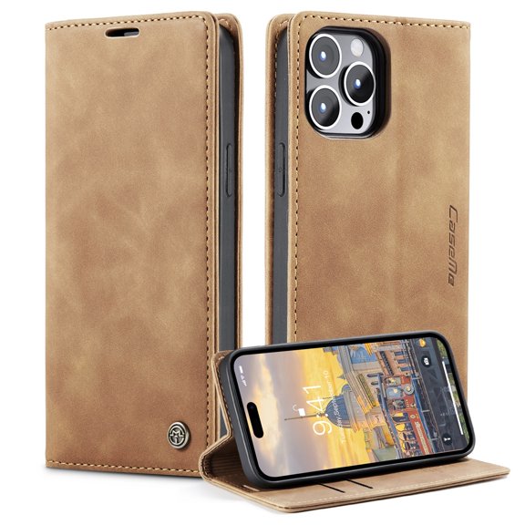 ELEHOLD Luxury Leather Wallet Case for iPhone 15 Pro with Card Slots Money Pocket Kickstand Function Magnetic Closure Shockproof Anti-Scratch Purse Case for iPhone 15 Pro 6.1",Brown