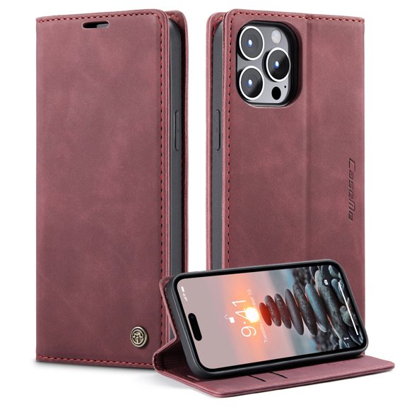 ELEHOLD Luxury Leather Wallet Case for iPhone 15 Pro with Card Slots Money Pocket Kickstand Function Magnetic Closure Shockproof Anti-Scratch Purse Case for iPhone 15 Pro 6.1",Winered