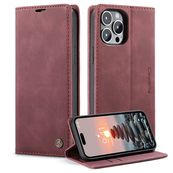 ELEHOLD Luxury Leather Wallet Case for iPhone 15 Pro Max with Card Slots Money Pocket Kickstand Function Magnetic Closure Shockproof Anti-Scratch Purse Case for iPhone 15 Pro Max 6.7",Winered