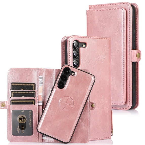 ELEHOLD Luxury Multi-Functional Wallet Case for Samsung Galaxy S23 Plus/S23+ with Card Slots Dual-Use Detachable Phone Case Magnetic Function Lanyard Shockproof Wallet Case,Rosegold
