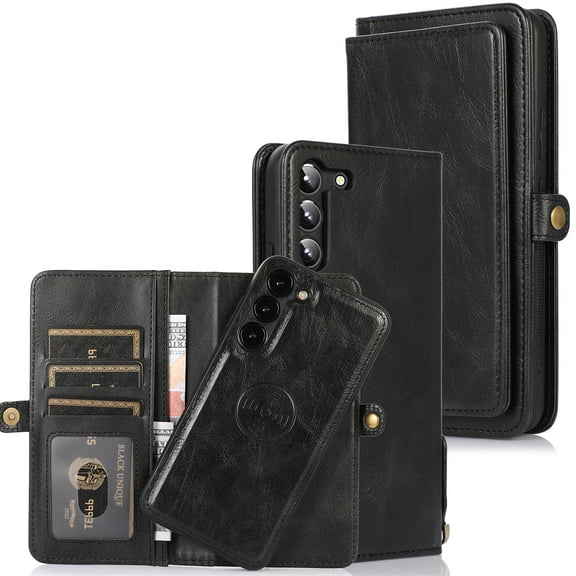 ELEHOLD Luxury Multi-Functional Wallet Case for Samsung Galaxy S23 Plus/S23+ with Card Slots Dual-Use Detachable Phone Case Magnetic Function Lanyard Shockproof Wallet Case,Black
