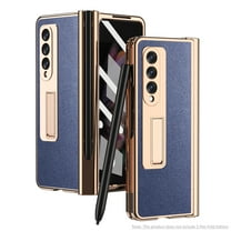 ELEHOLD Luxury Plating Case for Samsung Galaxy Z Fold 3 5G Lychee Pattern Case Tempered Glass Screen Protector Hinge Protection S Pen Slot Shockproof Durable Anti-Scratch Case, Blue