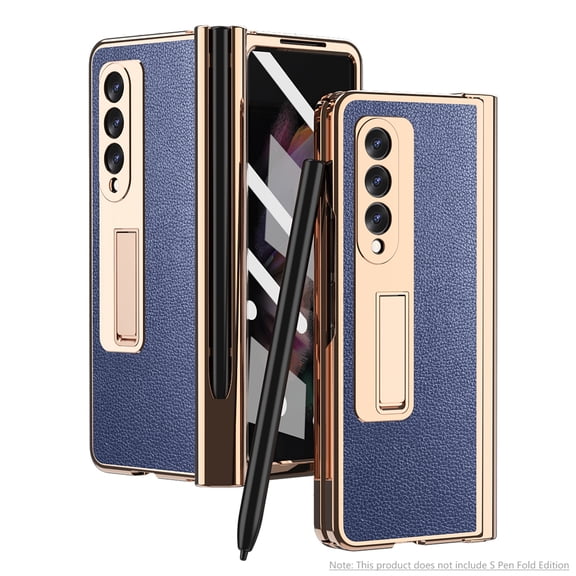 ELEHOLD Luxury Plating Case for Samsung Galaxy Z Fold 3 5G Lychee Pattern Case Tempered Glass Screen Protector Hinge Protection S Pen Slot Shockproof Durable Anti-Scratch Case, Blue