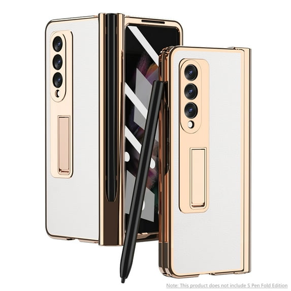ELEHOLD Luxury Plating Case for Samsung Galaxy Z Fold 3 5G Lychee Pattern Case Tempered Glass Screen Protector Hinge Protection S Pen Slot Shockproof Durable Anti-Scratch Case, White