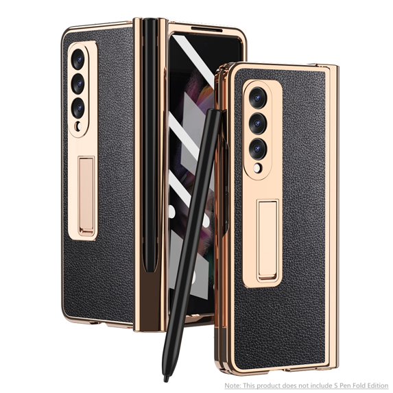 ELEHOLD Luxury Plating Case for Samsung Galaxy Z Fold 3 5G Lychee Pattern Case Tempered Glass Screen Protector Hinge Protection S Pen Slot Shockproof Durable Anti-Scratch Case, Black