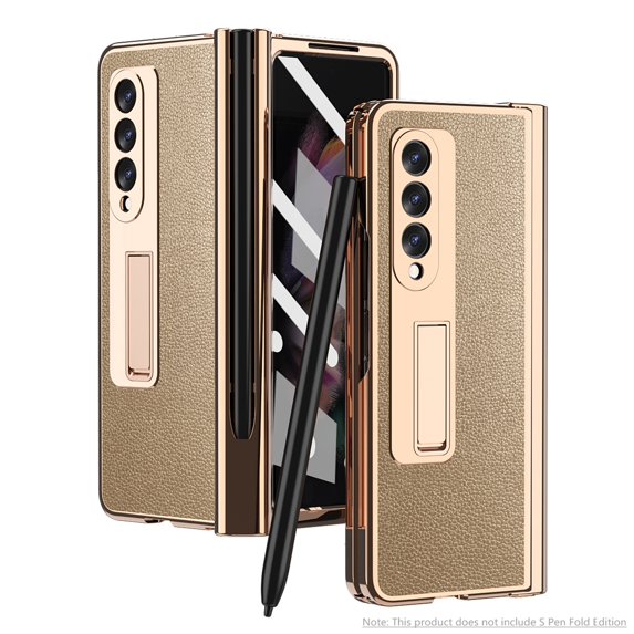 ELEHOLD Luxury Plating Case for Samsung Galaxy Z Fold 3 5G Lychee Pattern Case Tempered Glass Screen Protector Hinge Protection S Pen Slot Shockproof Durable Anti-Scratch Case, Gold