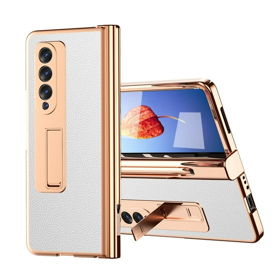 ELEHOLD Luxury Plating Case for Samsung Galaxy Z Fold 4 2022 Lychee Pattern Case Tempered Glass Screen Protector Hinge Protection S Pen Slot Shockproof Durable Anti-Scratch Case, White