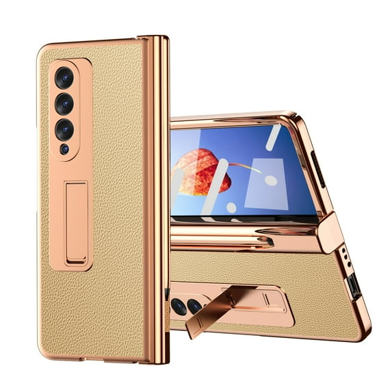 ELEHOLD Luxury Plating Case for Samsung Galaxy Z Fold 4 2022 Lychee Pattern Case Tempered Glass Screen Protector Hinge Protection S Pen Slot Shockproof Durable Anti-Scratch Case, Gold