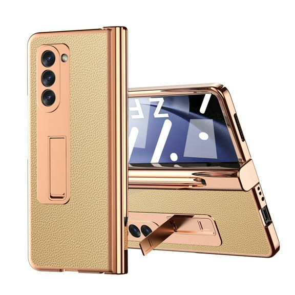 ELEHOLD Luxury Plating Case for Samsung Galaxy Z Fold 5 2023 Lychee Pattern Case Tempered Glass Screen Protector Hinge Protection Pen Slot with Stylus Shockproof Case for Samsung Z Fold 5,Gold