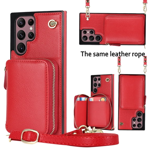 ELEHOLD Luxury Wallet Case Compatible with Samsung Galaxy S22 Ultra 6.8 inch,Zipper Closure Luxary PU Leather with Phone rope Card Slot Shockproof Kickstand Case, Red