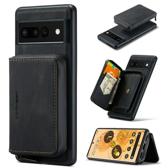 ELEHOLD Luxury Wallet Case for  Google Pixel 7 Leather Purse Case with Detachable Card Slots Zipper Pocket Kickstand Function Shockproof Protective Case,Black