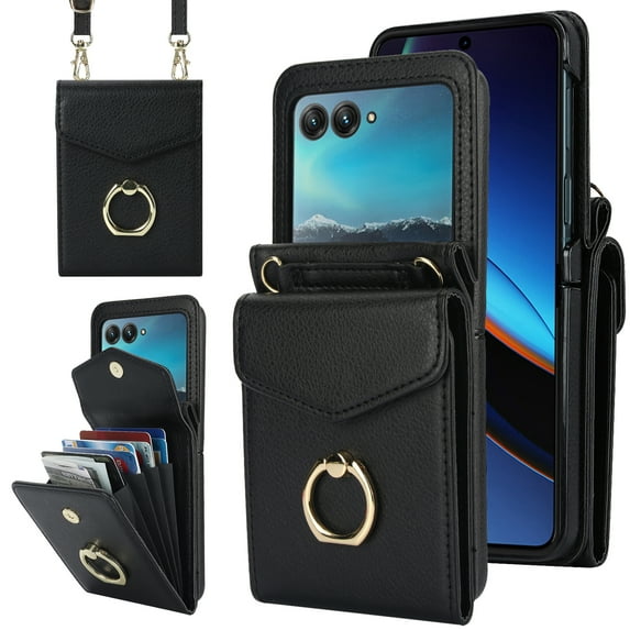 ELEHOLD Luxury Wallet Case For Motorola Razr 2024,with Organ Card Slots RFID Blocking Metal Ring Holder Crossbody Shoulder Strap Leather Purse Case for Women Girls,Black