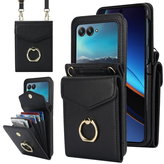 ELEHOLD Luxury Wallet Case For Motorola Razr 2025,with Organ Card Slots RFID Blocking Metal Ring Holder Crossbody Shoulder Strap Leather Purse Case for Women Girls,Black